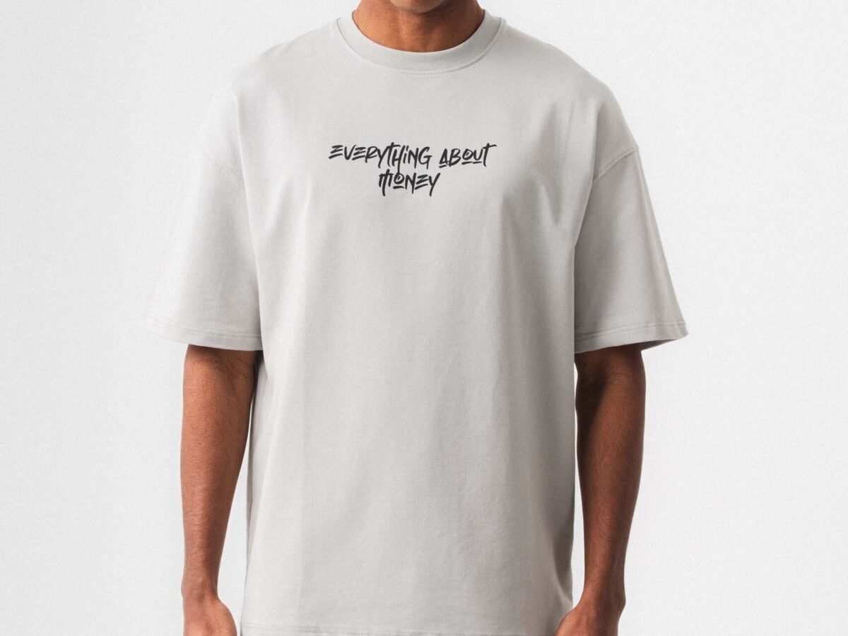 Everything About Money Gri Oversize Baskılı T-Shirt