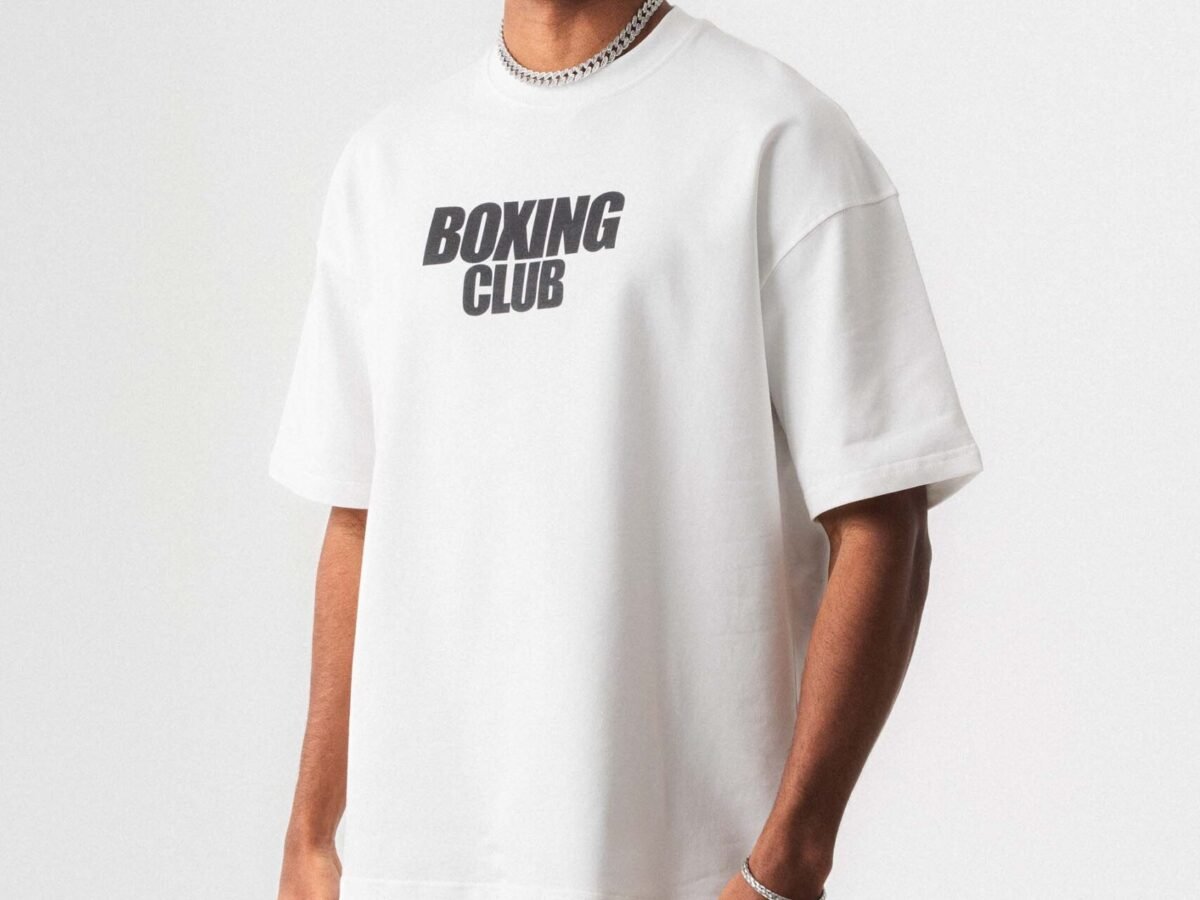 Boxing Club Baskılı Oversize T-Shirt Beyaz