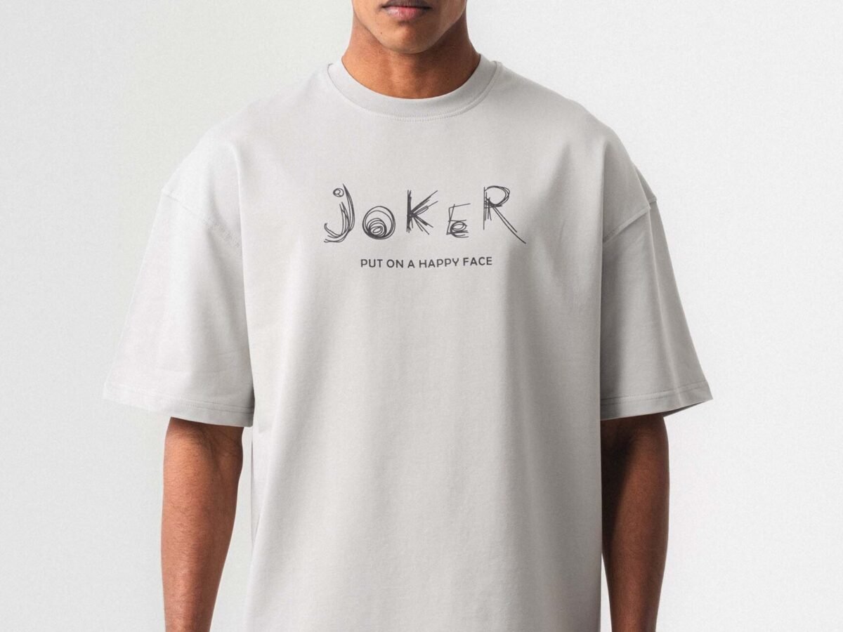 Joker Put On Happy Face Gri Oversize Baskılı T-Shirt