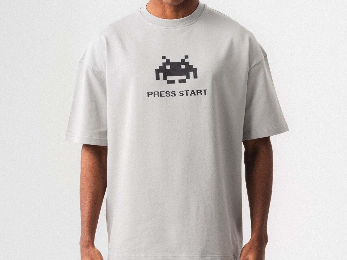 Press Start The Game Baskılı Oversize T-Shirt Gri