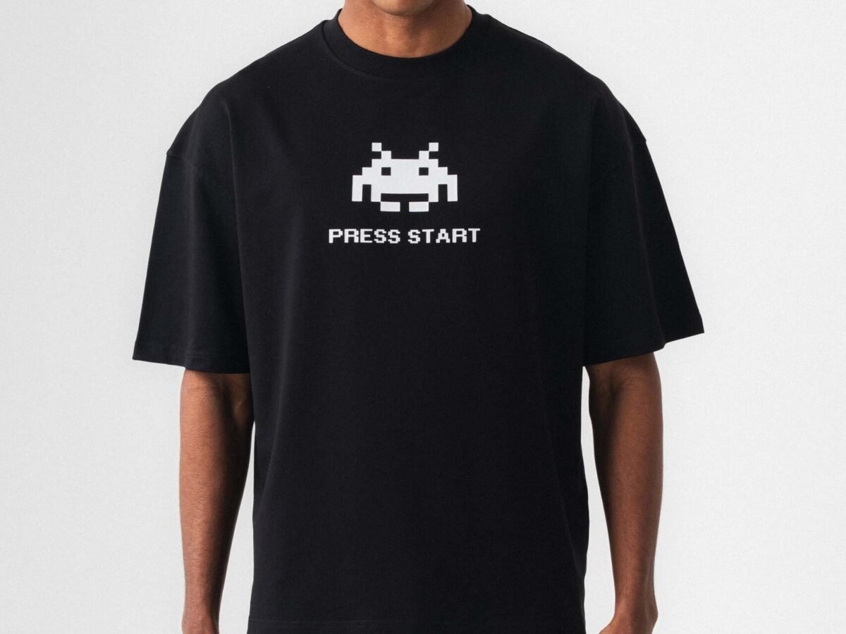Press Start The Game Baskılı Oversize T-Shirt Siyah