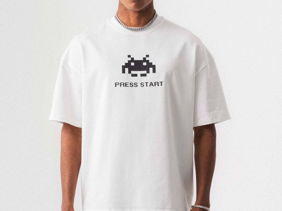 Press Start The Game Baskılı Oversize T-Shirt Beyaz