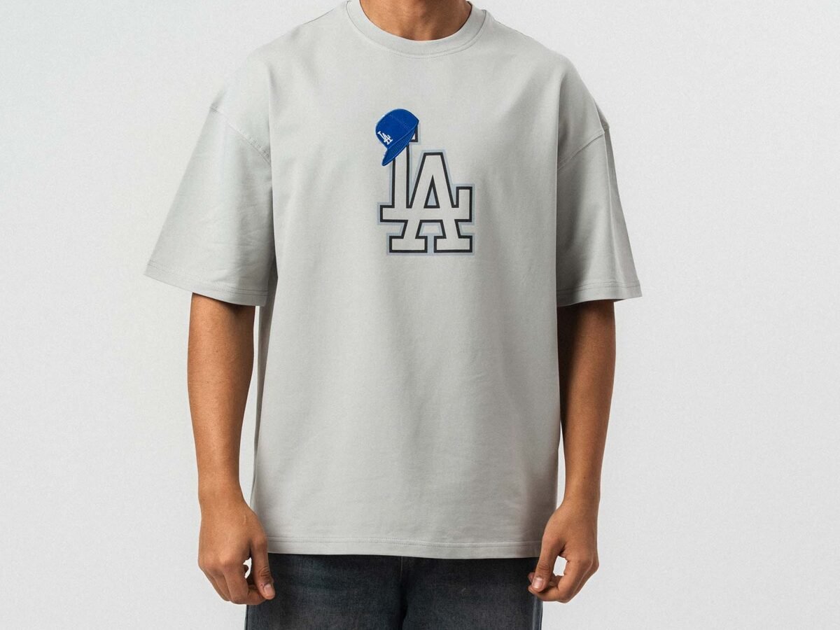 LA Embroidered Gray Oversize Printed T-Shirt