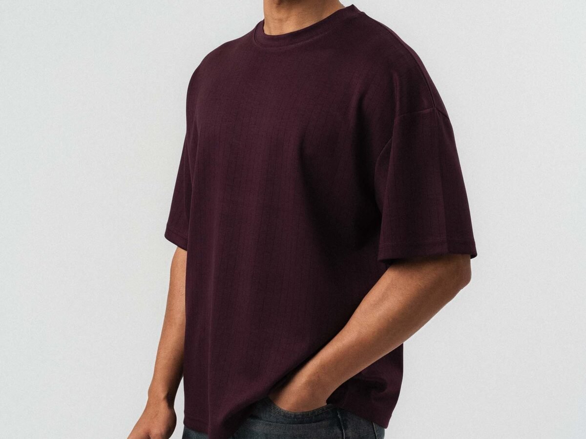 Embroidered Çizgili Premium Oversize T-Shirt Burgundy