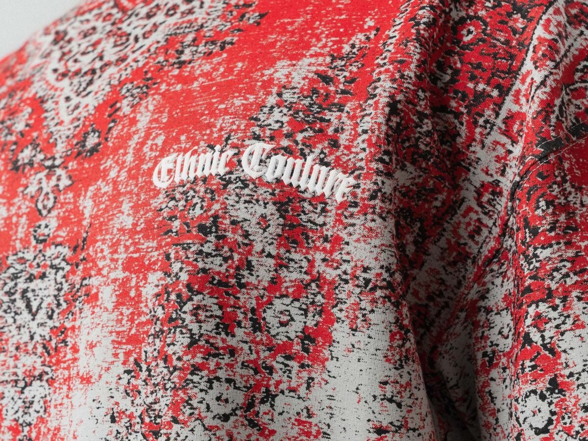 Etnik Desen Embroidered Embossed Gray Oversize Printed T-Shirt