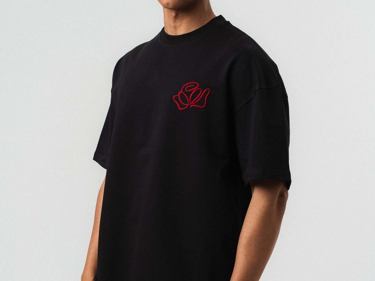 Etnik Desen Embroidered Black Oversize Printed T-Shirt