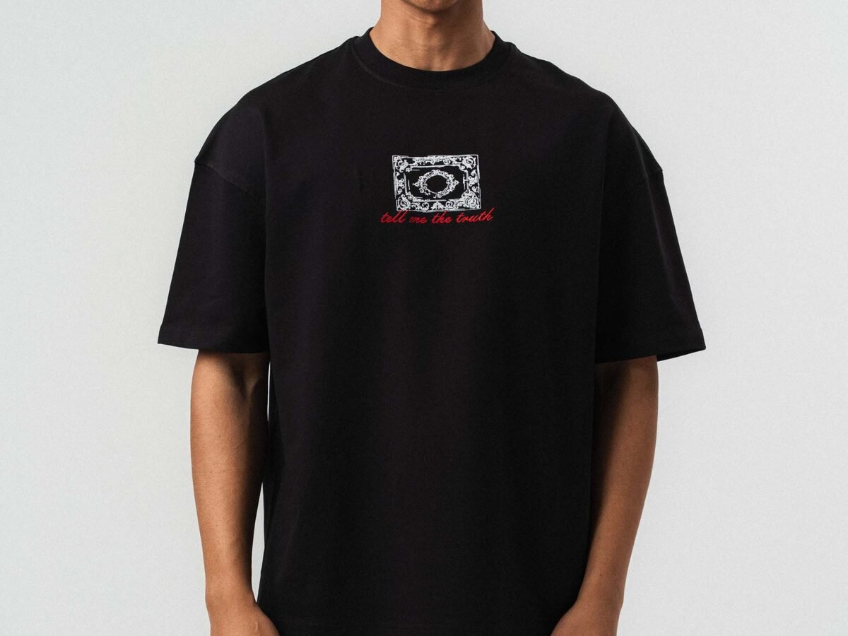 Tell me The Truth Embroidered Black Oversize Printed T-Shirt