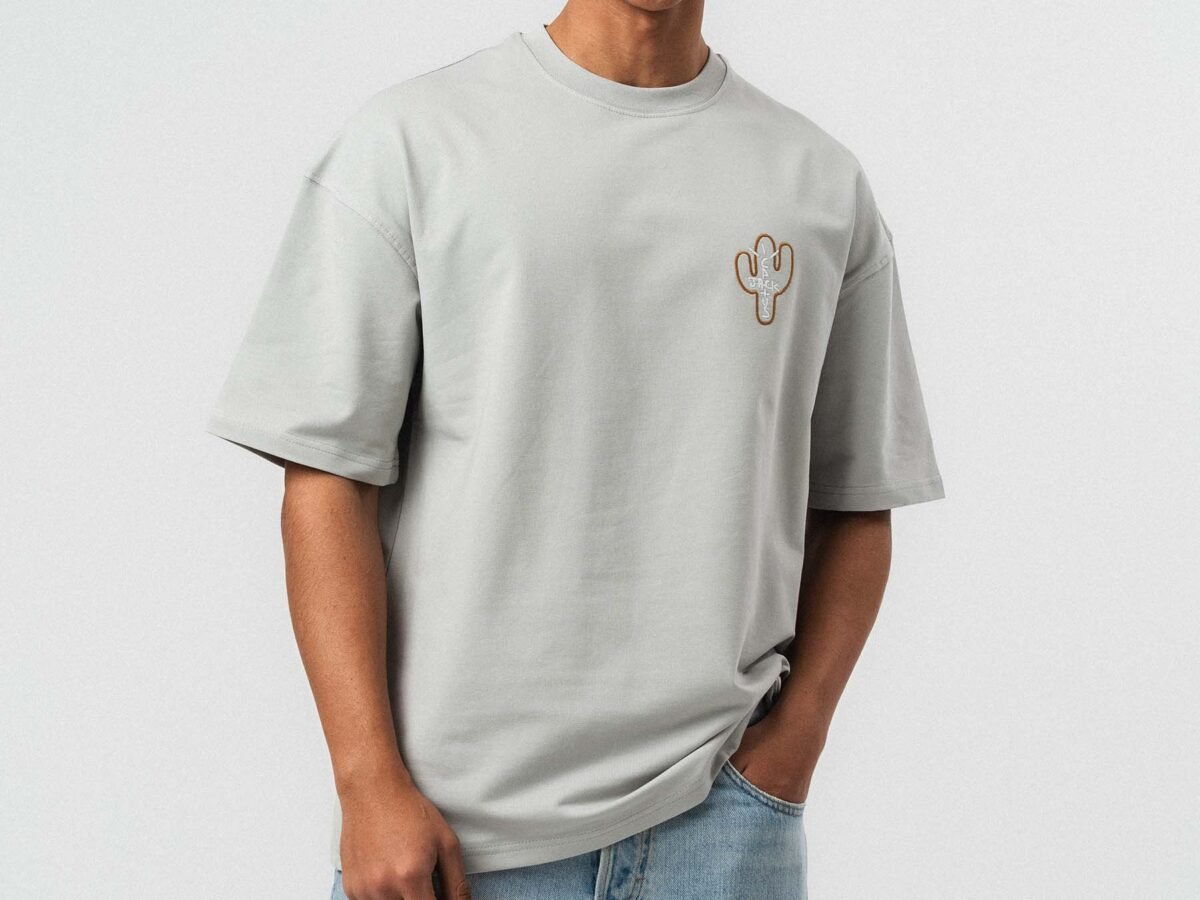 Jack Cactus Embroidered Gray Oversize Printed T-Shirt