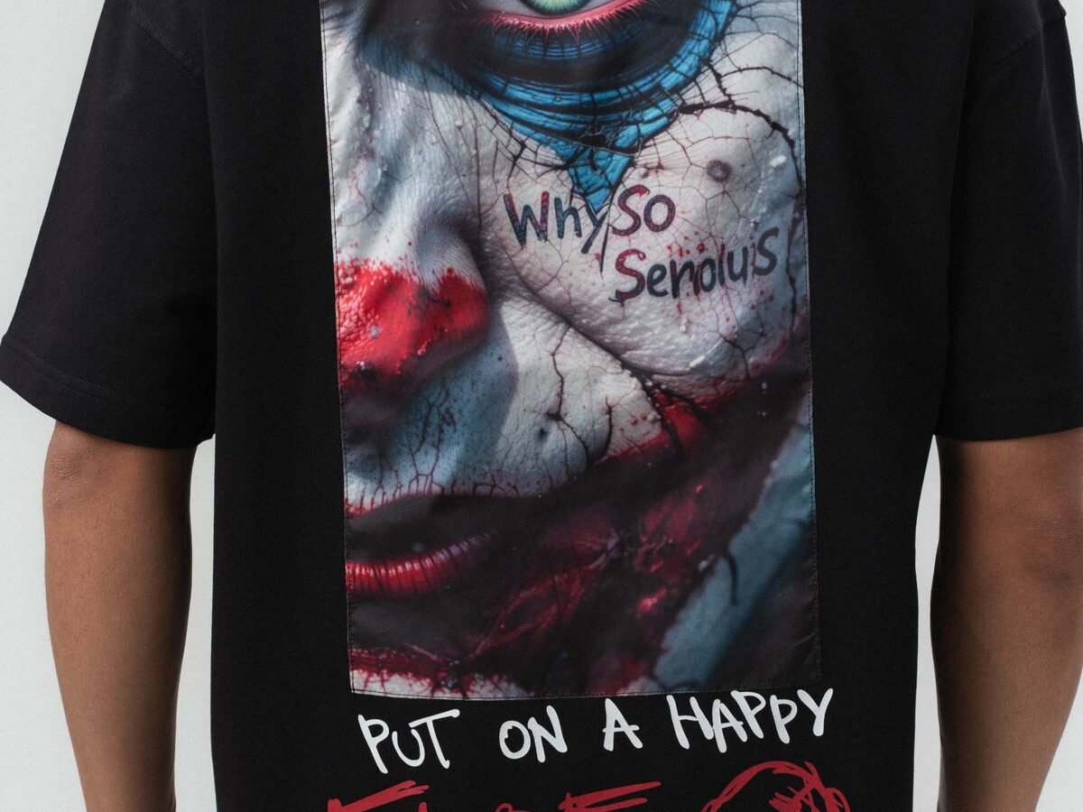 Put On Happy Face Printed Black Oversize Printed T-Shirt