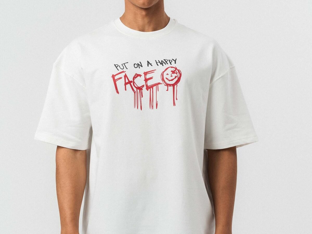 Put On Happy Face Printed White Oversize Printed T-Shirt