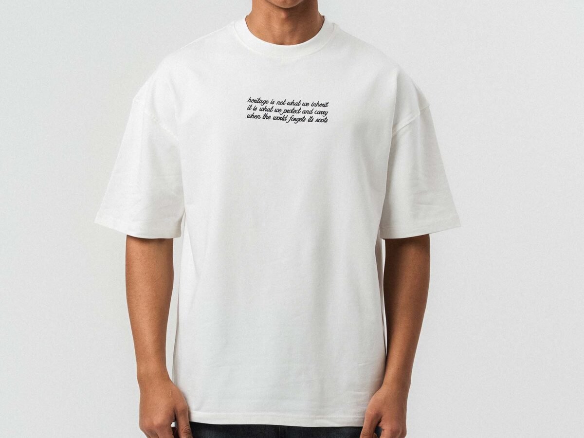 Typography Detail Etnik Desen White Oversize Printed T-Shirt