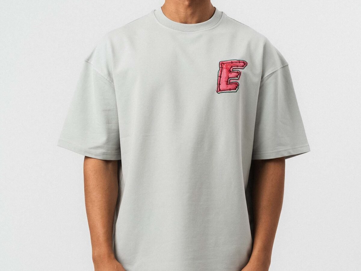 Yes Art and Embroidered Gray Premium Oversize Printed T-Shirt