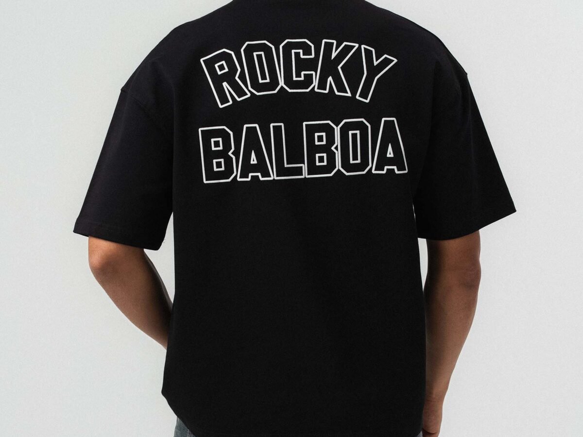 Rocky Balboa Embossed Detail Black Oversize Printed T-Shirt