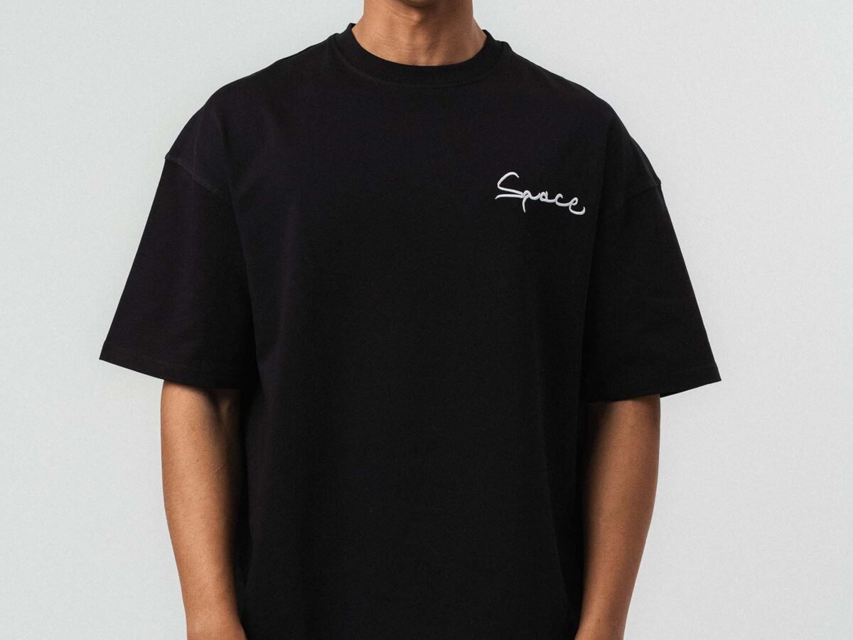 Space Etnik Desen Embroidered Black Oversize Printed T-Shirt