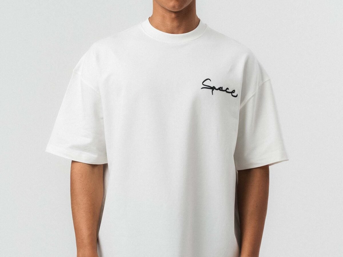 Space Etnik Desen Embroidered White Oversize Printed T-Shirt